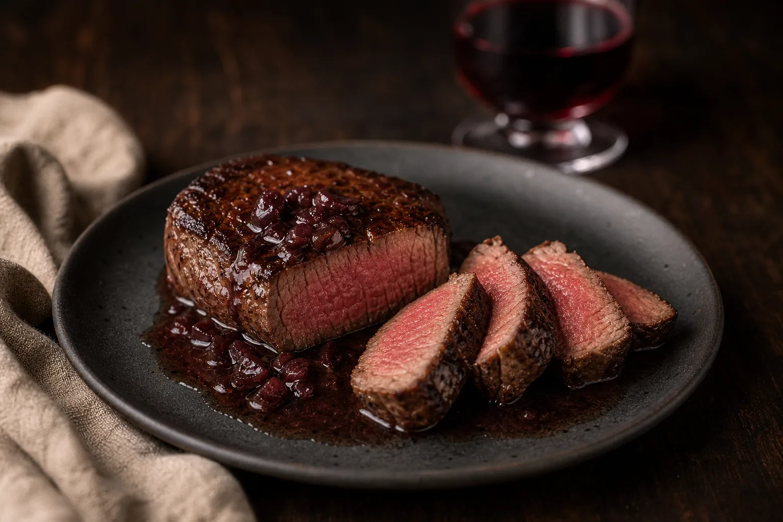 Seared filet mignon with glossy red wine sauce