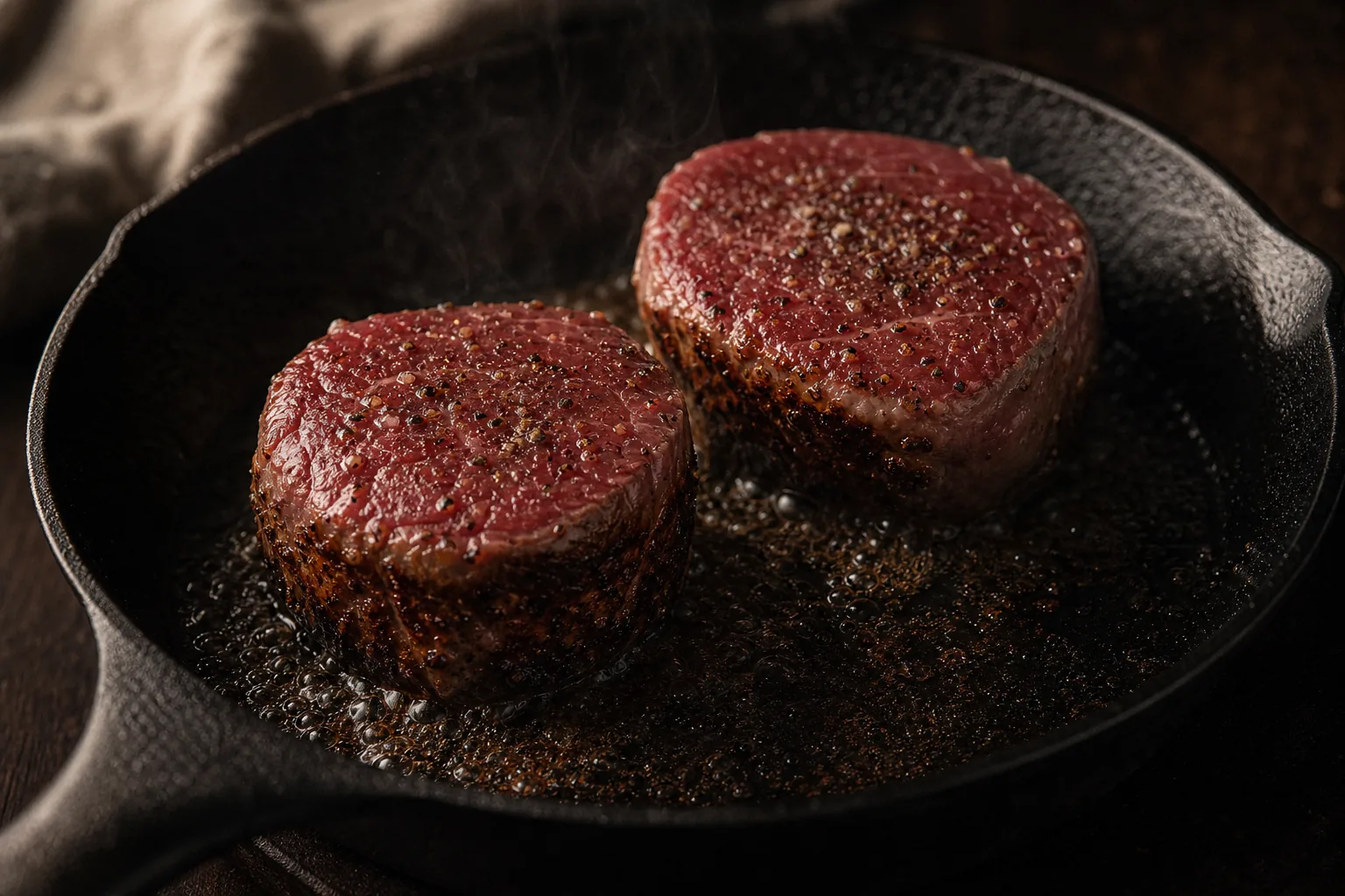 Filets searing to a deep brown crust